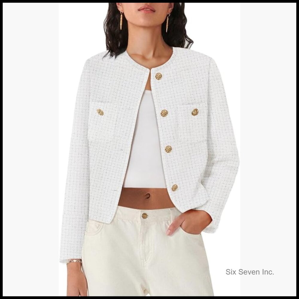 Polyester Tweed Cropped Blazer with Pockets Business Casual
